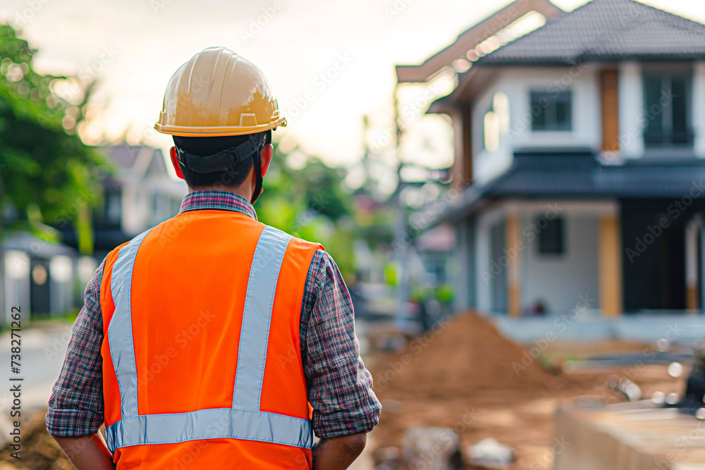 construction engineer standing with his back and watches at a house building construction. wearing a helmet and orange safety vest. working as a architect. blurry background construction engineer standing with his back and watches at a house building construction. wearing a helmet and orange safety vest. working as a architect. blurry background