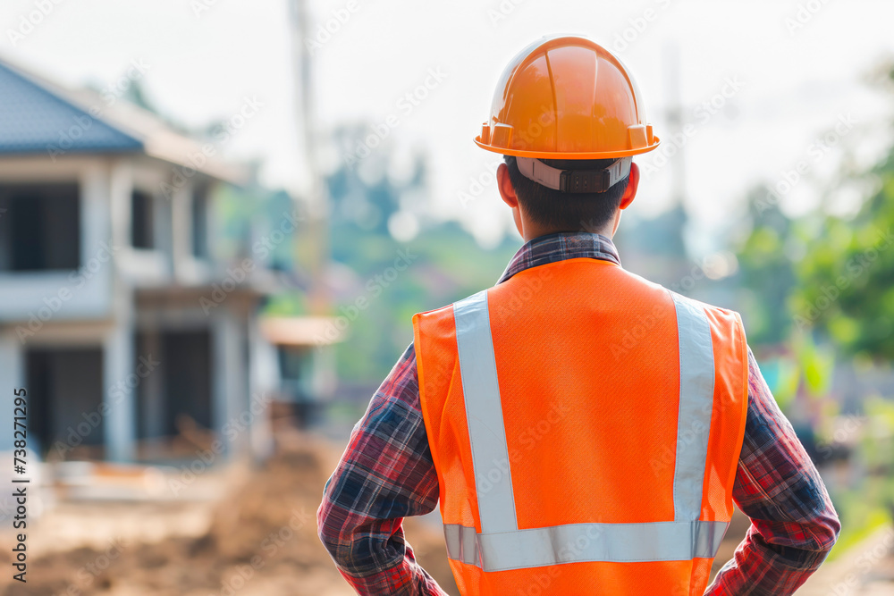 construction engineer standing with his back and watches at a house building construction. wearing a helmet and orange safety vest. working as a architect. blurry background construction engineer standing with his back and watches at a house building construction. wearing a helmet and orange safety vest. working as a architect. blurry background