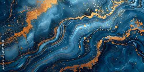 Marbled blue and golden abstract background. Liquid, Marbled blue and golden abstract background. Liquid marble pattern, Generative Ai