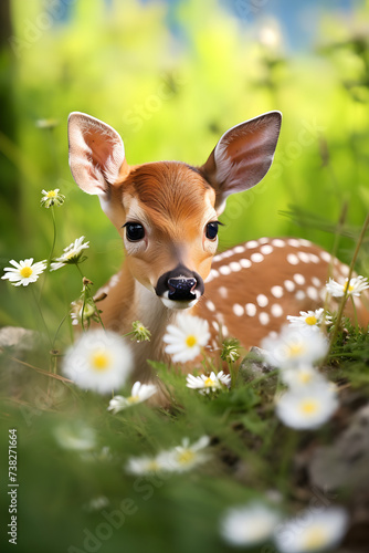 Innocence Personified: A Young Fawn Basks in the Grace of Nature amid a Meadow of Wildflowers.