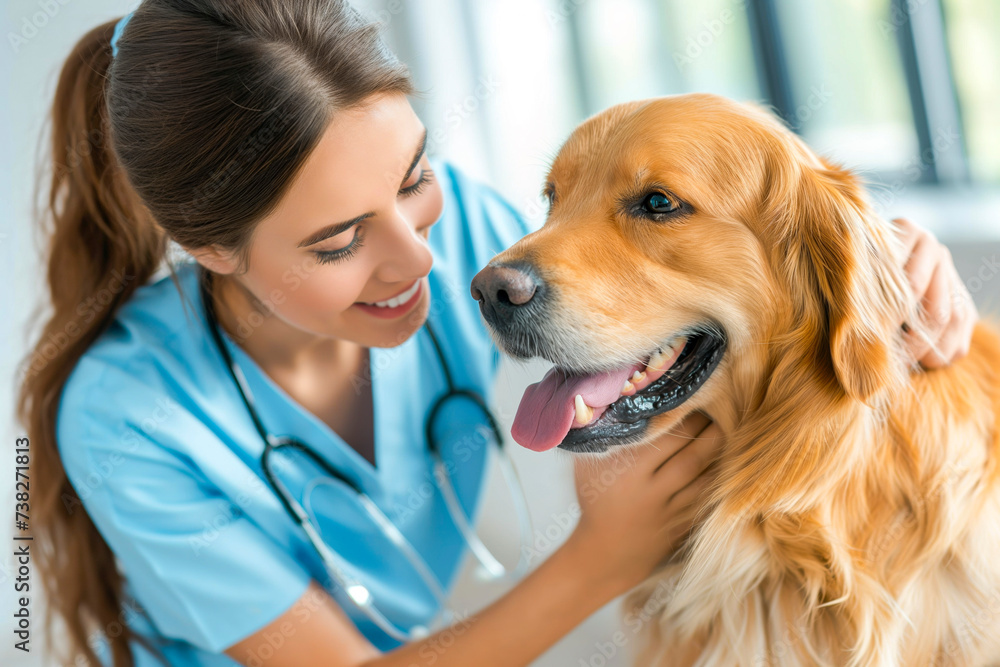 beautiful female vet nurse doctor examining a cute happy golden retriever dog making medical tests in a veterinary clinic. animal pet health checkup