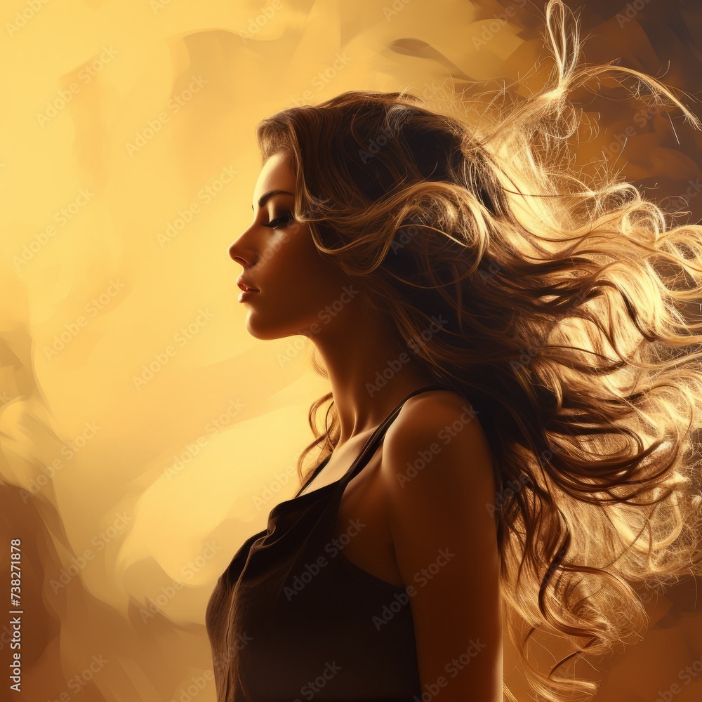Profile of a beautiful young girl with long wavy hair. Silhouette of a slim pretty woman with stylish hair hairdressing. Side view of a girl with long hair looking forward on a yellow background. Profile of a beautiful young girl with long wavy hair. Silhouette of a slim pretty woman with stylish hair hairdressing. Side view of a girl with long hair looking forward on a yellow background.