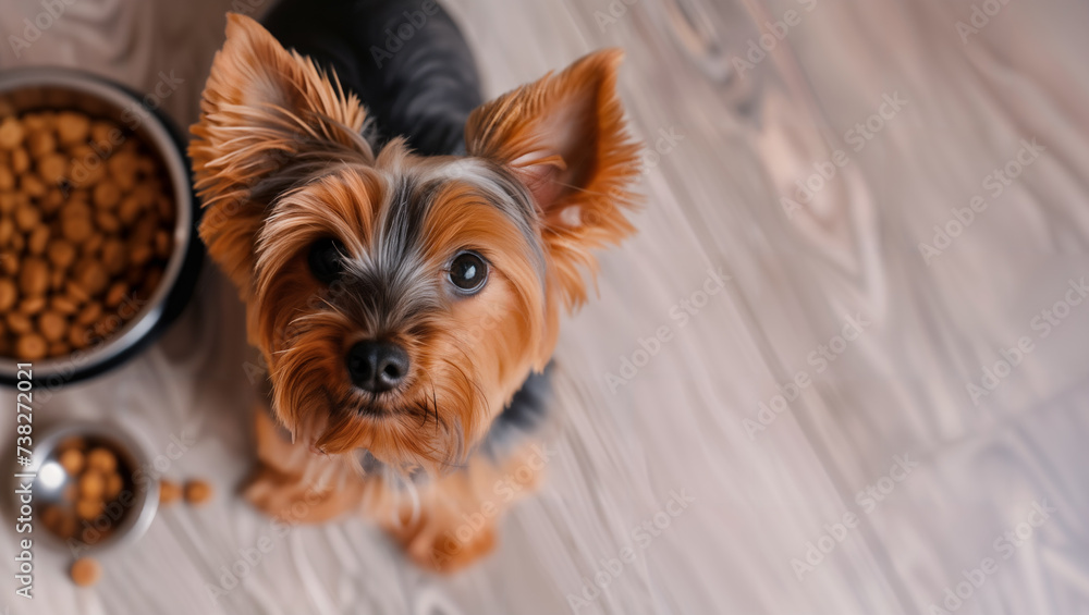 A watchful Yorkshire Terrier looks up eagerly, waiting to eat from a bowl of dog food with a lot of light in the background A watchful Yorkshire Terrier looks up eagerly, waiting to eat from a bowl of dog food with a lot of light in the background