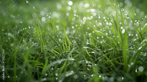 Glistening water droplets on blades of grass after rainfall