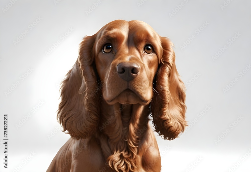 A brown Cocker Spaniel with short ears and a shiny coat against a light gray background
