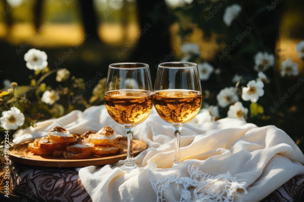 Two glasses of wine sit on a table outdoors.