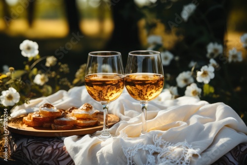 Two glasses of wine sit on a table outdoors.