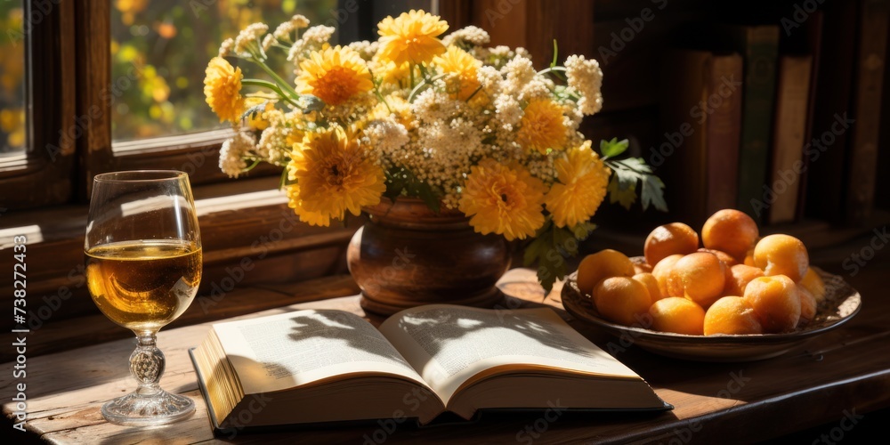 An open book, a bowl of fruit, and a glass of wine placed on a table.