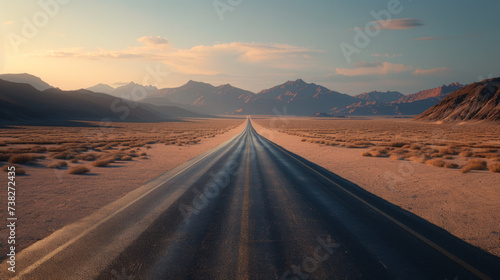 Empty desert road stretching towards the horizon