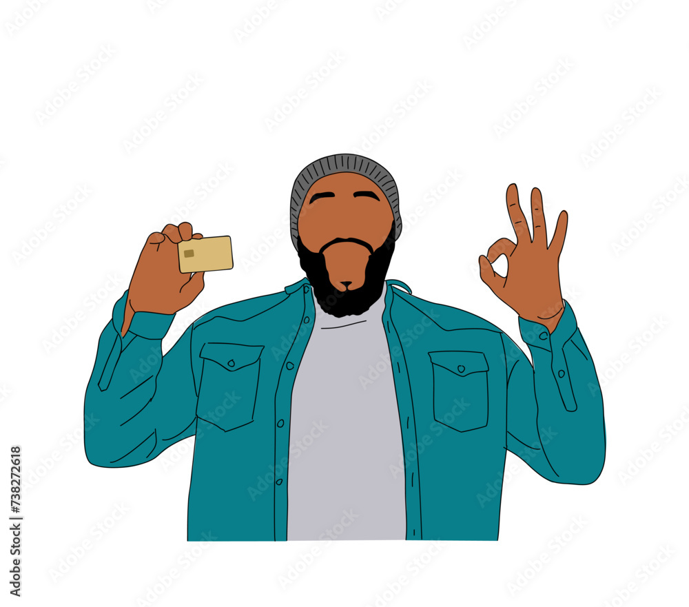 Man holding credit card and showing sign OK with his fingers. Finance and banking business concept. Vector simple outline illustration for graphic, web design isolated on transparent background.