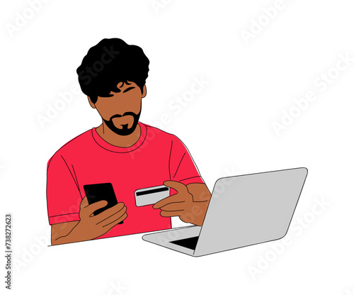 Young man shopping online by laptop, making payment with credit card and mobile phone. Handsome bearded guy Vector outline colorful illustration for graphic, web design on transparent background.