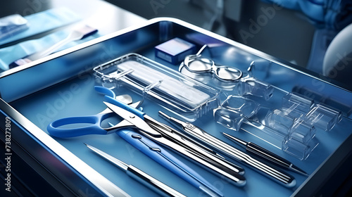 A sterile medical tray with surgical scissors, forceps, and other instruments for procedures. photo