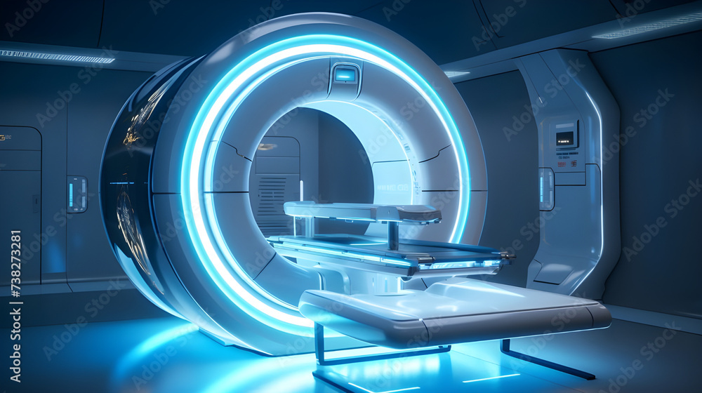 A high-tech CT scanner in a radiology department, used for detailed imaging of internal structures. A high-tech CT scanner in a radiology department, used for detailed imaging of internal structures.