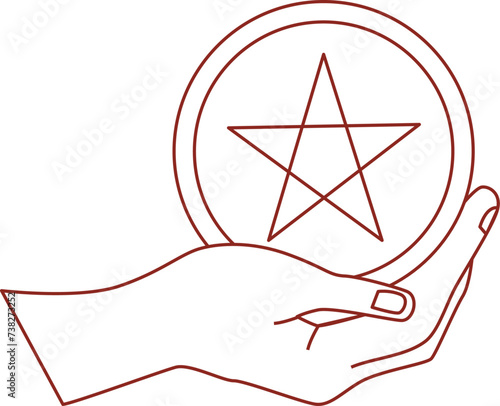 A hand holds a coin. Outline vector illustration. Transparent background. Vector illustration.