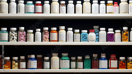 A row of neatly labeled pill bottles on a pharmacy shelf  ready for dispensing medication.