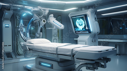 A futuristic-looking robotic surgical system in an operating room, used for minimally invasive surgeries. 