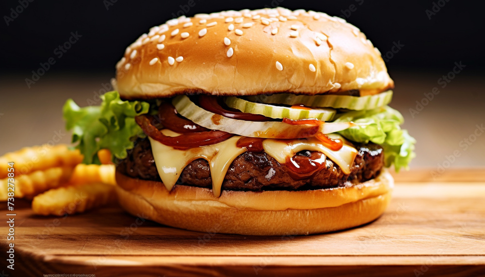 Grilled gourmet cheeseburger, fresh tomato, onion on a sesame bun generated by AI Grilled gourmet cheeseburger, fresh tomato, onion on a sesame bun generated by AI