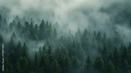 Ethereal mist enveloping a dense pine forest