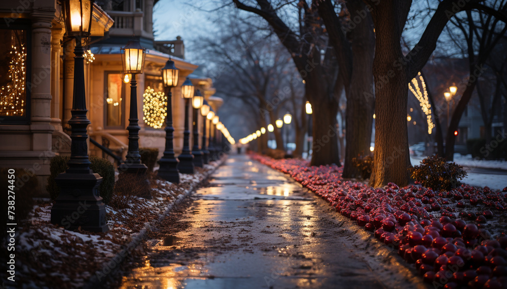 Illuminated street light shines on winter cityscape generated by AI
