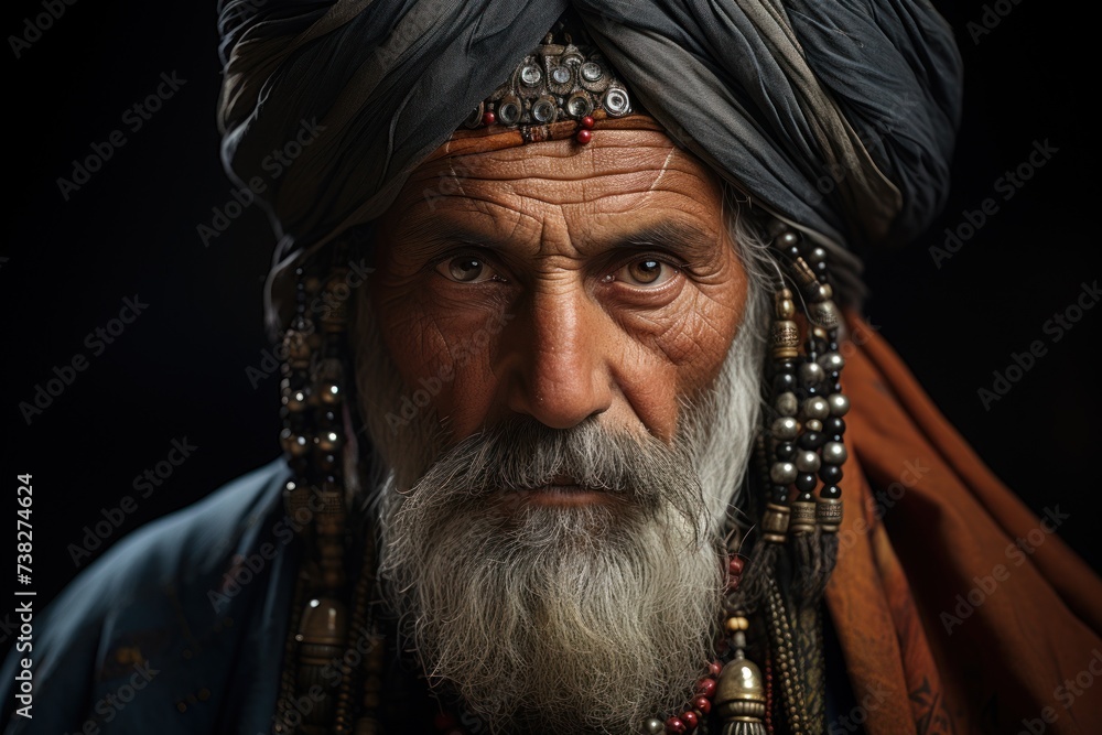 A man with a beard wearing a turban, looking directly at the camera. A man with a beard wearing a turban, looking directly at the camera.