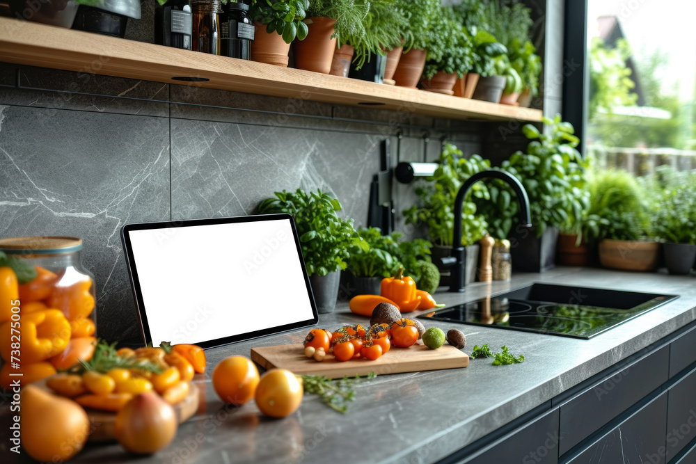 A tablet and smartphone mockup in a modern kitchen setting, offering a versatile template for presenting cooking apps, recipe interfaces, and food-related digital content. Generative Ai. A tablet and smartphone mockup in a modern kitchen setting, offering a versatile template for presenting cooking apps, recipe interfaces, and food-related digital content. Generative Ai.