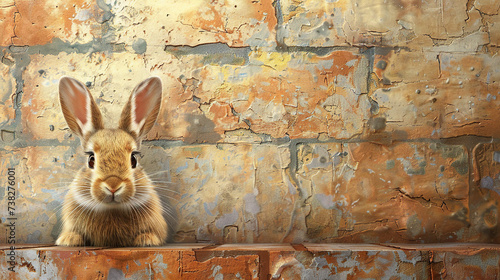 cute easter bunny looking through brick wall, empty space for  text, happy easter cards, greeting card