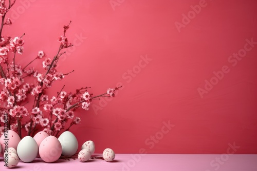 Pink spring background. Easter eggs are colored. Branches with flowers. BANNER with empty space for text. Flyer.