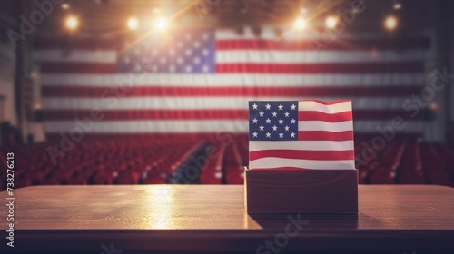 United States of America flag on wooden block and blurred stage background