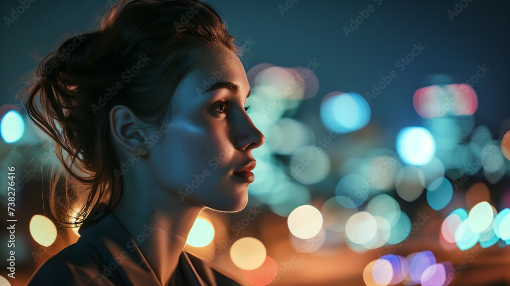Close up of a young successful Caucasian business woman looking at the night city with professional cinematic light Close up of a young successful Caucasian business woman looking at the night city with professional cinematic light