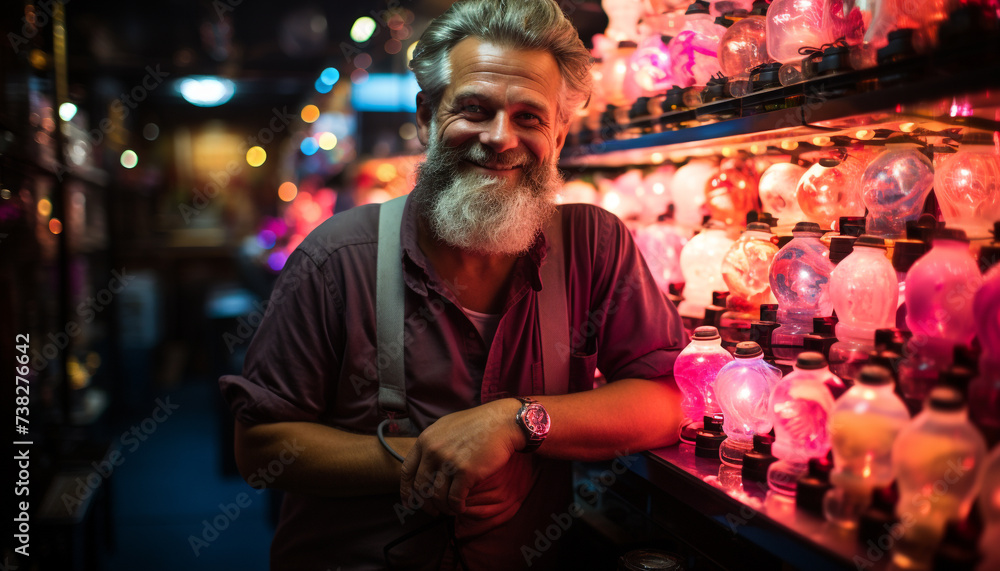 Smiling senior man enjoying Christmas lights indoors generated by AI