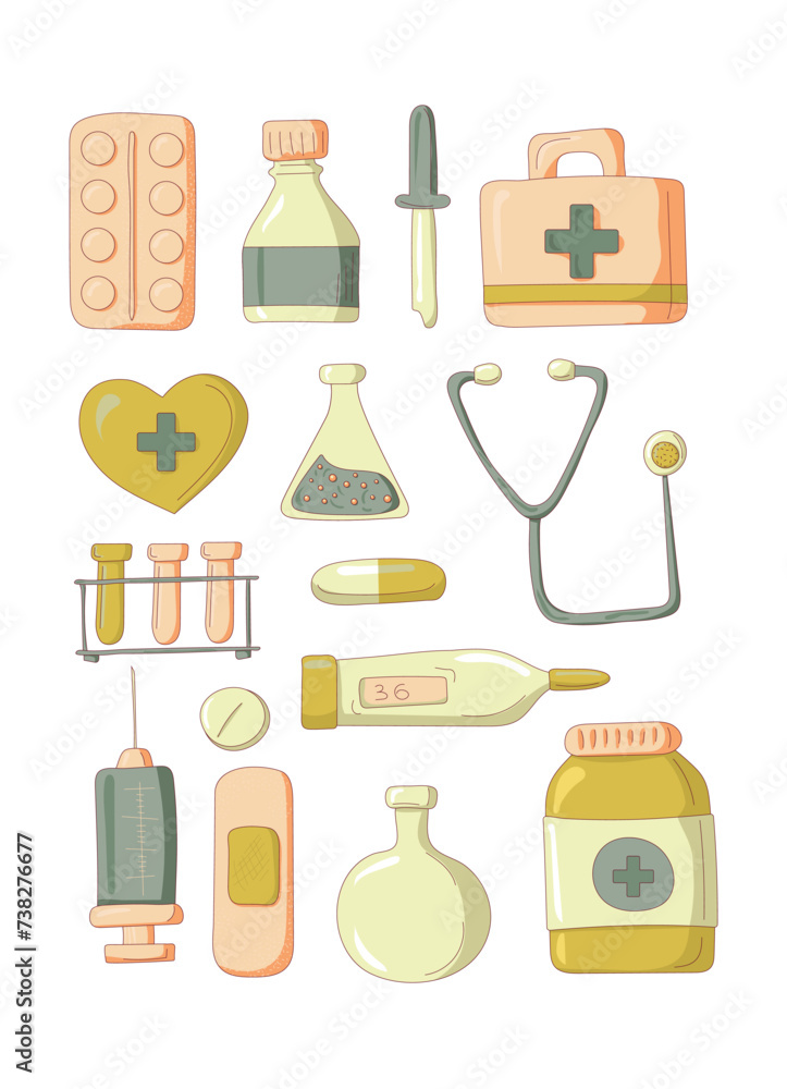 Collection of medical tools isolated on white background. Doodle. All items are separated. Vector illustration Collection of medical tools isolated on white background. Doodle. All items are separated. Vector illustration
