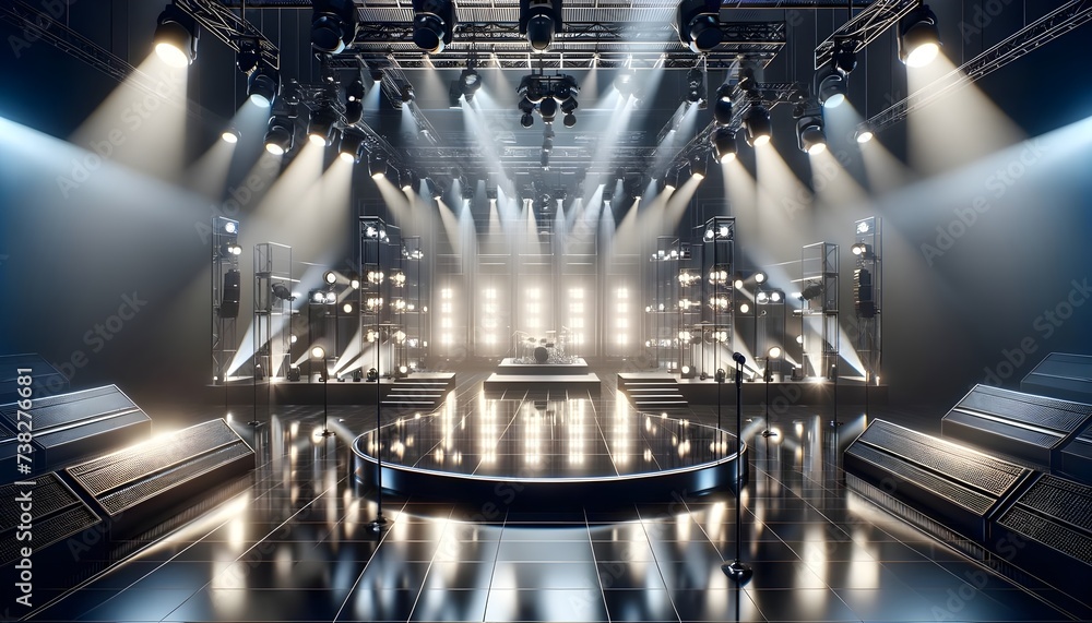 The image shows an empty concert stage bathed in dramatic white spotlighting, with a drum set at the center and multiple levels of stage platforms surrounded by speakers and lighting equipment.

 - obrazy, fototapety, plakaty 