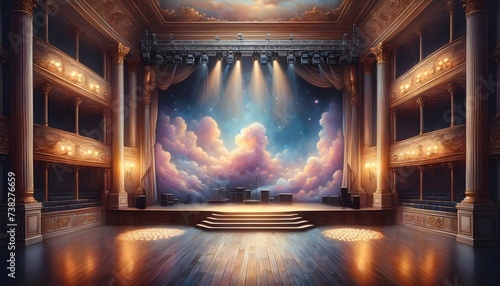 The image features an opulent theater interior with classical architectural details, facing a stage that opens to an ethereal cosmic backdrop, as if the night sky and clouds are part of the performanc photo