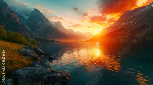 Vibrant sunset casting warm hues over a tranquil mountain lake