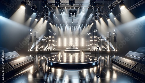 The image shows an empty concert stage bathed in dramatic white spotlighting, with a drum set at the center and multiple levels of stage platforms surrounded by speakers and lighting equipment.