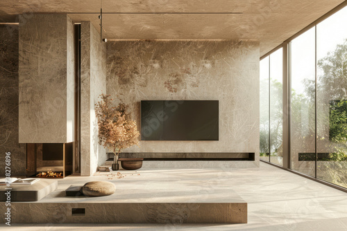 Spacious villa interior with cement wall effect  fireplace and tv.