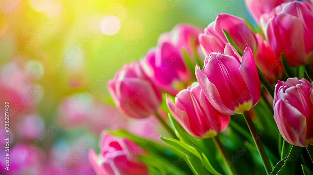 Blurred pink flowers of tulip on background with space for message. Valentine's Day and Mother's Day background. Soft focus. Blurred pink flowers of tulip on background with space for message. Valentine's Day and Mother's Day background. Soft focus.