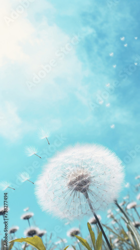 Dandelion flower seeds blown in the blue sky. Wildflower symbolises a spring season.