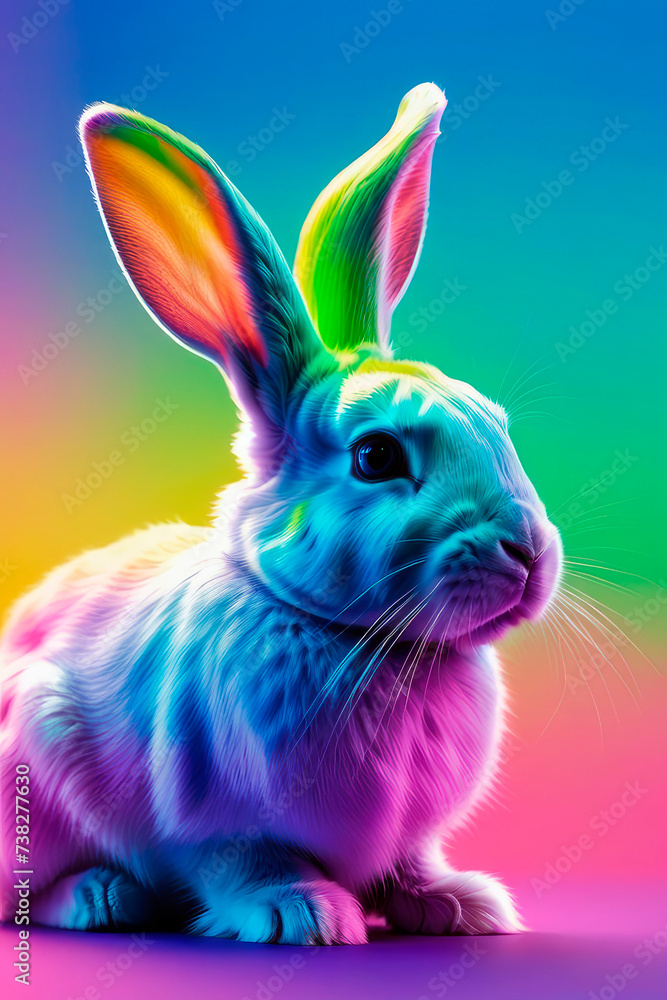 Festive spring background with rainbow Easter rabbit on pastel spectral background.