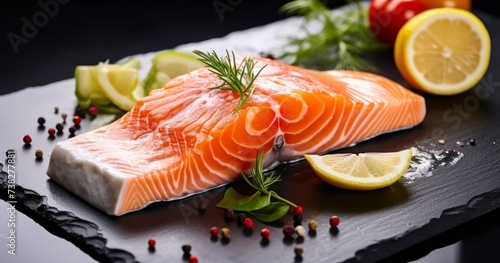 A Vibrant Display of Raw Red Salmon Trout, Seasoned with Herbs and Lemon for a Healthy Meal