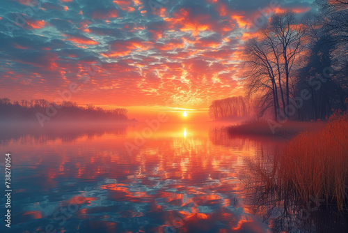 A picturesque Easter sunrise reflected on a calm lake  creating a breathtaking scene of nature s beauty. Concept of Easter tranquility and renewal. Generative Ai.