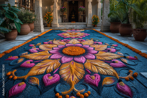 Artistic Rangoli patterns created with vibrant Holi powders, adorning the entrances of homes and public spaces, adding a touch of traditional elegance to the celebration.  Generative Ai. photo