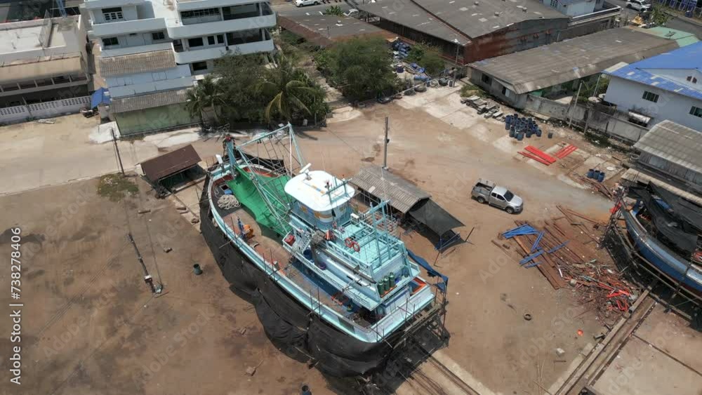 Drone view around a ship under construction Drone view around a ship under construction