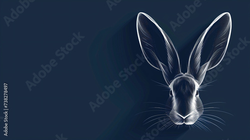 easter greeting card with white rabbit or bunny ear  logo style line art on navy blue card , copy space for text and creativity