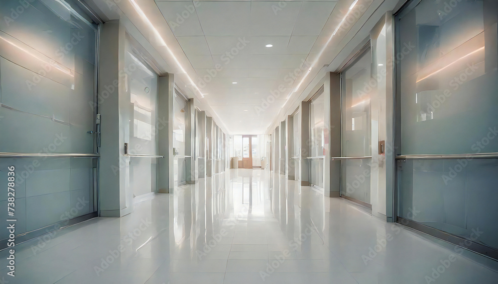 Corridors of hospitals, clinics, and nursing care facilities. Background blur.