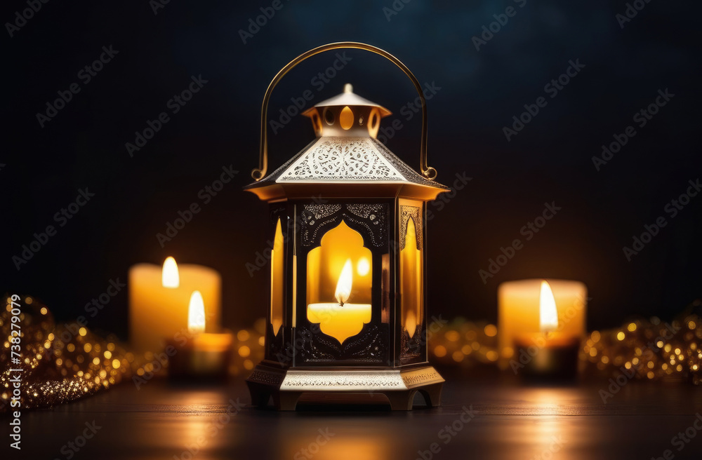 Eid al-Fitr, Laylat al-Qadr, holy month of Ramadan,Arab lantern fanus, candles, magical atmosphere, gold jewelry, dark background Eid al-Fitr, Laylat al-Qadr, holy month of Ramadan,Arab lantern fanus, candles, magical atmosphere, gold jewelry, dark background