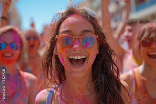 Holi-themed yoga and wellness events  combining the joy of celebration with activities promoting health and mindfulness. Concept of holistic well-being. Generative Ai.
