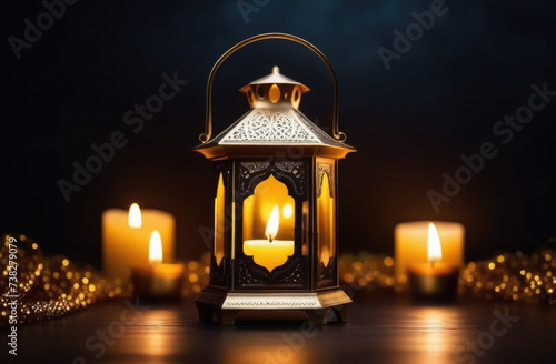 Eid al-Fitr, Laylat al-Qadr, holy month of Ramadan,Arab lantern fanus, candles, magical atmosphere, gold jewelry, dark background