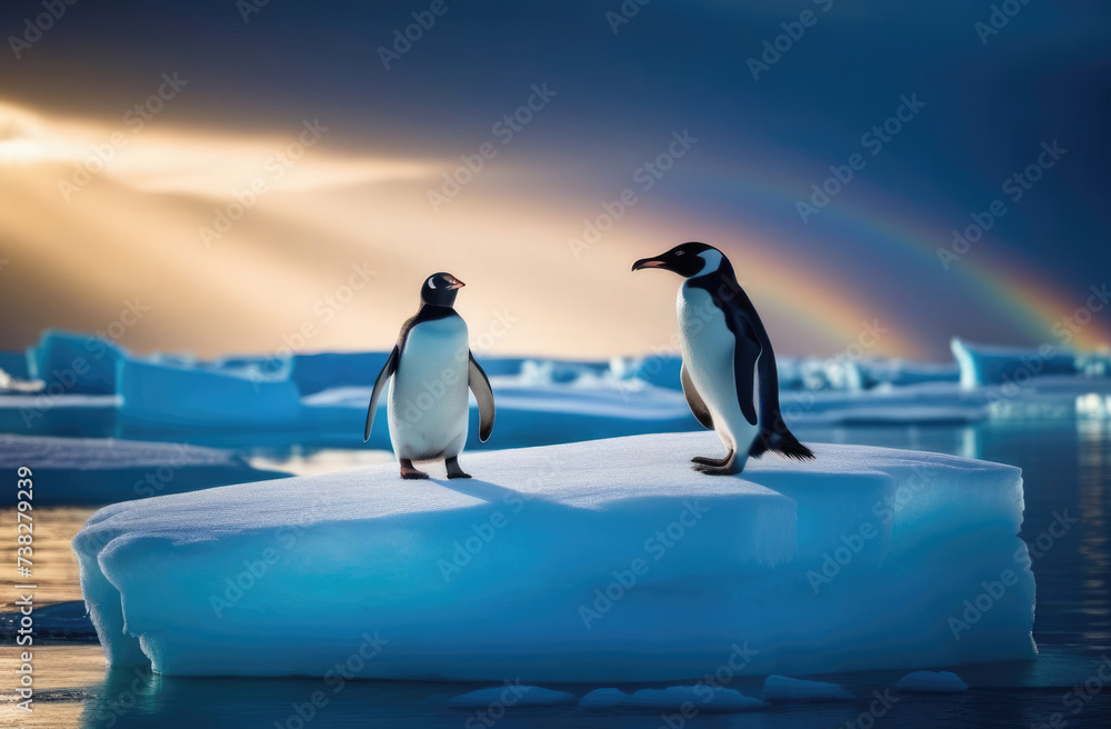 World Penguin Day, iceberg in the ocean, the kingdom of ice and snow, a pair of penguins on an ice floe, the far north