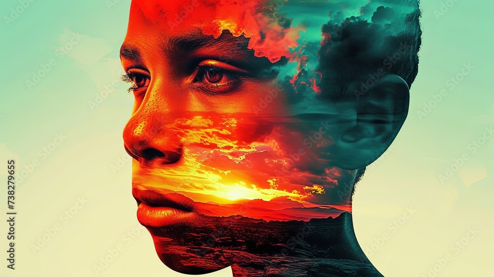 Double exposure combines a woman's face and high mountains at sunset. Panoramic view. The concept of the unity of nature and man. Dream, reminisce or plan a climb. Illustration for design. Double exposure combines a woman's face and high mountains at sunset. Panoramic view. The concept of the unity of nature and man. Dream, reminisce or plan a climb. Illustration for design.